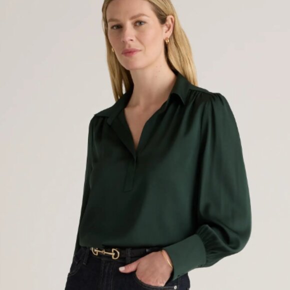 Quince Tops - NWT - QUINCE Washable Stretch Silk Split Neck Blouse - Forest Green - Medium